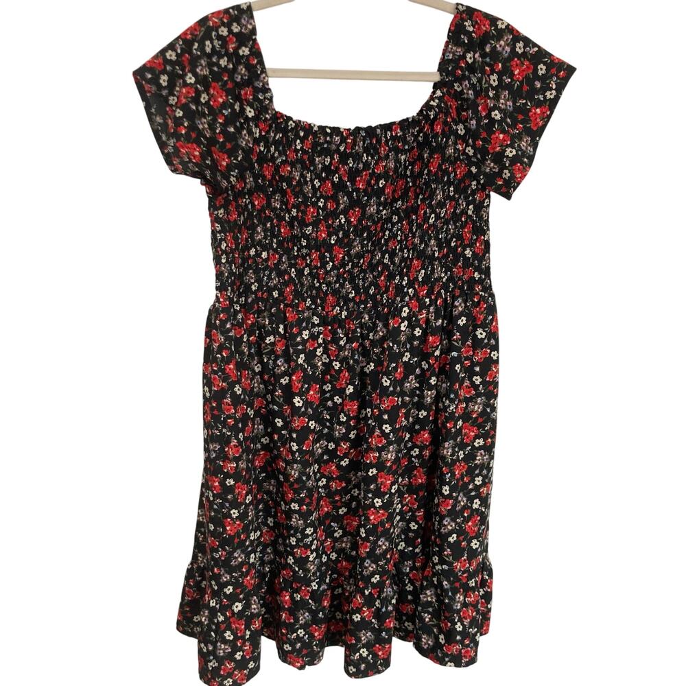 Primark Womens 14 Black Ditsy Floral Smocked Tier Dress Cottage Milkmaid Prairie